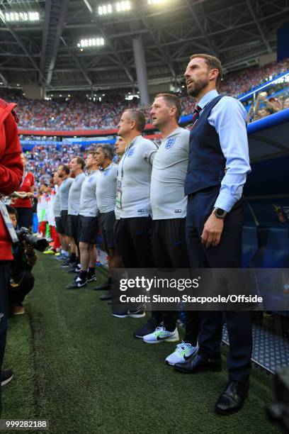 England manager Gareth Southgate looks on during the 2018 FIFA World Cup Russia 3rd Place Playoff match between Belgium and England at Saint...