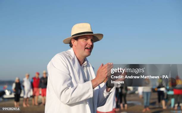 Miles Jupp acting as umpire during the annual Bramble Bank cricket match between the Royal Southern Yacht Club and the Island Sailing Club, which...