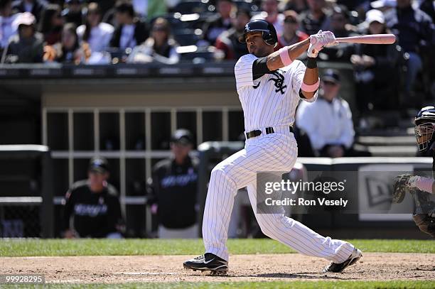 Alex Rios of the Chicago White Sox hits a double against the Toronto Blue Jays on May 9, 2010 at U.S. Cellular Field in Chicago, Illinois. The Blue...