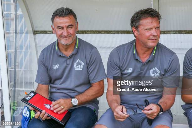 Head coach Christophe Galtier and assistant coach Thierry Oleksiak of Lille during the friendly match between Lille and Reims on July 14, 2018 in St...