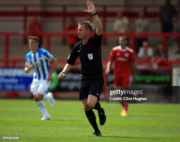 Ross Joyce referee during the pre-season friendly between Accrington Stanley and Huddersfield Town at The Crown Ground,on July 14, 2018 in...