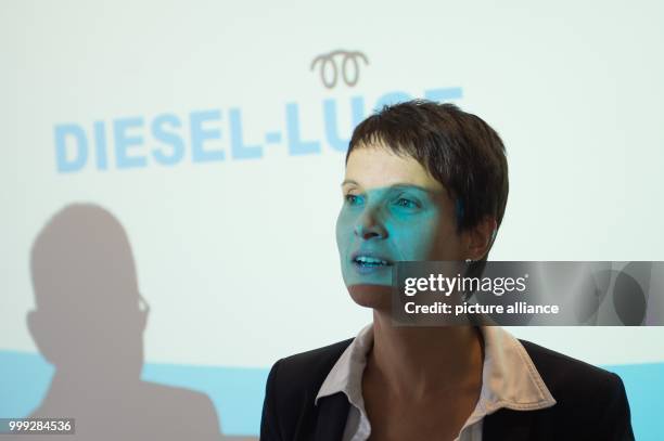 Dpatop - Frauke Petry, Federal Chairwoman of the party Alternative für Deutschland , standing in front of the text "Diesel lie" after the end of a...