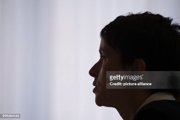 Frauke Petry, Federal Chairwoman of the party Alternative für Deutschland , speaking during a press conference in Saxony's Landtag in Dresden,...