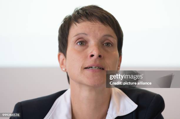 Frauke Petry, Federal Chairwoman of the party Alternative für Deutschland , speaking during a press conference in Saxony's Landtag in Dresden,...