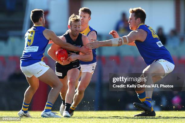 Nicholas Graham of the Blues competes for the ball during the round 15 VFL match between the Northern Blues and Williamstown Seagulls at Ikon Park on...