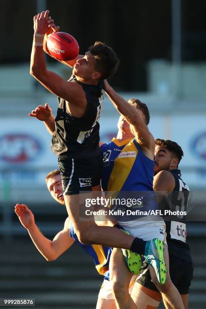 Alexander Federico of the Blues competes for the ball during the round 15 VFL match between the Northern Blues and Williamstown Seagulls at Ikon Park...