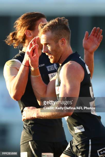 Nicholas Graham of the Blues celebrates his goal during the round 15 VFL match between the Northern Blues and Williamstown Seagulls at Ikon Park on...