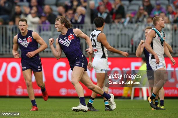 David Mundy of the Dockers ceebrates a goal during the round 17 AFL match between the Fremantle Dockers and the Port Adelaide Power at Optus Stadium...