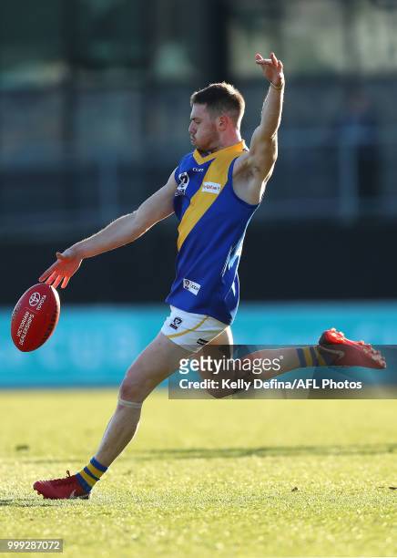 Lachlan Bramble of the Seagulls kicks the ball during the round 15 VFL match between the Northern Blues and Williamstown at Ikon Park on July 15,...
