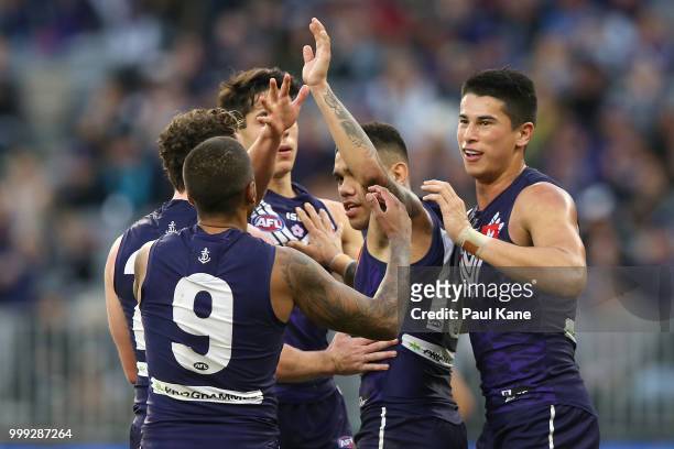 Michael Walters of the Dockers celebrates a goal during the round 17 AFL match between the Fremantle Dockers and the Port Adelaide Power at Optus...