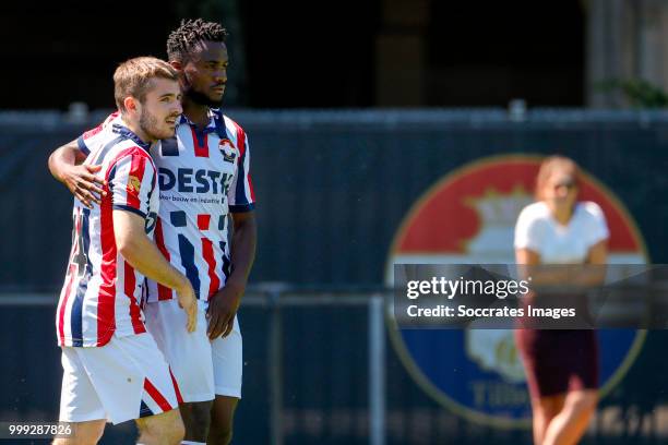 Daniel Crowley of Willem II celebrates 1-0 with Asumah Abubakar of Willem II during the match between Willlem II v KAA Gent on July 14, 2018 in...