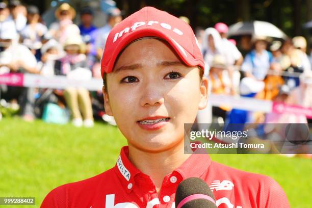 Chie Arimura of Japan is interviwed after winning the Samantha Thavasa Girls Collection Ladies Tournament at the Eagle Point Golf Club on July 15,...