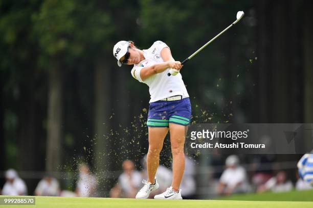 Mamiko Higa of Japan hits her second shot on the 1st hole during the final round of the Samantha Thavasa Girls Collection Ladies Tournament at the...