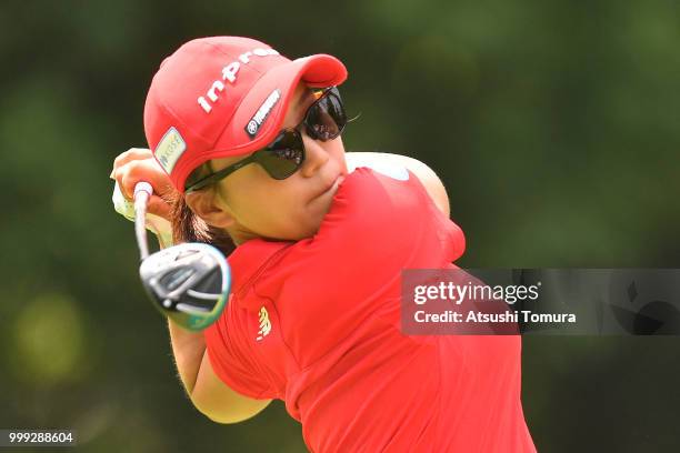 Chie Arimura of Japan hits her tee shot on the 4th hole during the final round of the Samantha Thavasa Girls Collection Ladies Tournament at the...