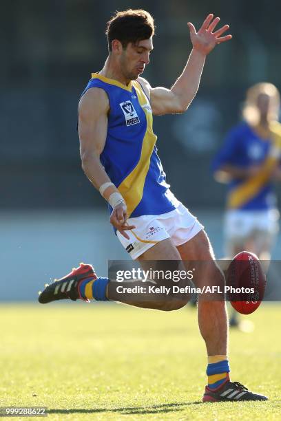 Leigh Masters of the Seagulls kicks the ball during the round 15 VFL match between the Northern Blues and Williamstown at Ikon Park on July 15, 2018...