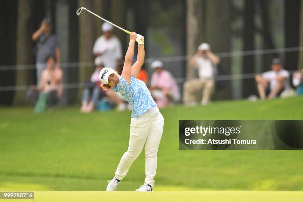 Mizuki Oide of Japan hits her second shot on the 1st hole during the final round of the Samantha Thavasa Girls Collection Ladies Tournament at the...