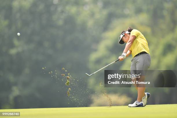 Fumika Kawagishi of Japan hits her second shot on the 4th hole during the final round of the Samantha Thavasa Girls Collection Ladies Tournament at...