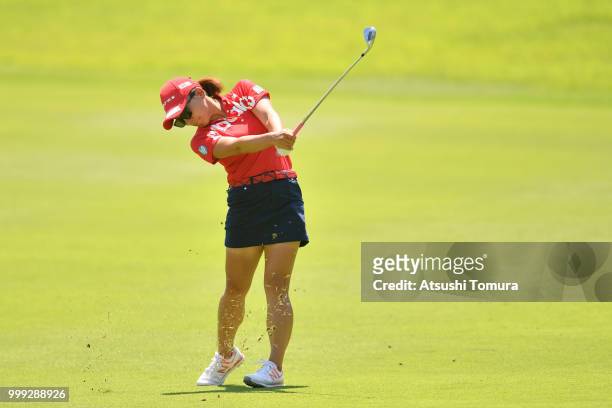Chie Arimura of Japan hits her second shot on the 15th hole during the final round of the Samantha Thavasa Girls Collection Ladies Tournament at the...