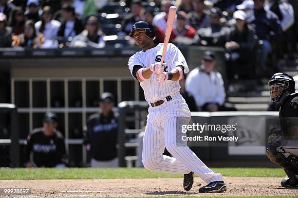 Alex Rios of the Chicago White Sox hits a double against the Toronto Blue Jays on May 9, 2010 at U.S. Cellular Field in Chicago, Illinois. The Blue...