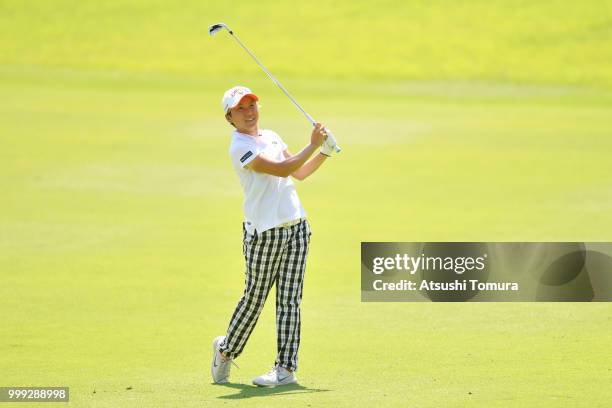 Seira Oki of Japan hits her second shot on the 15th hole during the final round of the Samantha Thavasa Girls Collection Ladies Tournament at the...