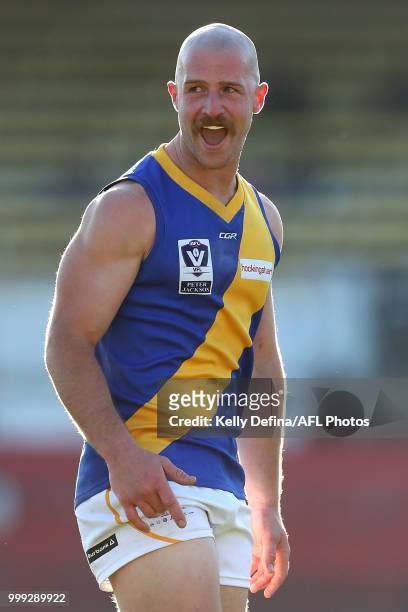 Nicholas Rodda of the Seagulls celebrates a goal during the round 15 VFL match between the Northern Blues and Williamstown Seagulls at Ikon Park on...