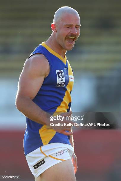 Nicholas Rodda of the Seagulls celebrates a goal during the round 15 VFL match between the Northern Blues and Williamstown Seagulls at Ikon Park on...