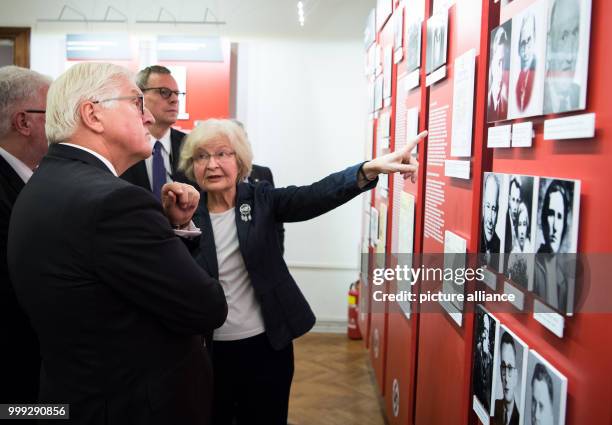 German President Frank-Walter Steinmeier is shown around the Museum of the Occupation of Latvia 1940-1991 by advisory board member Dzintra Bungs in...