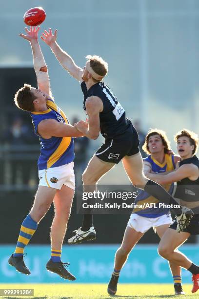 Matthew Harmon of the Blues competes for the ball during the round 15 VFL match between the Northern Blues and Williamstown Seagulls at Ikon Park on...