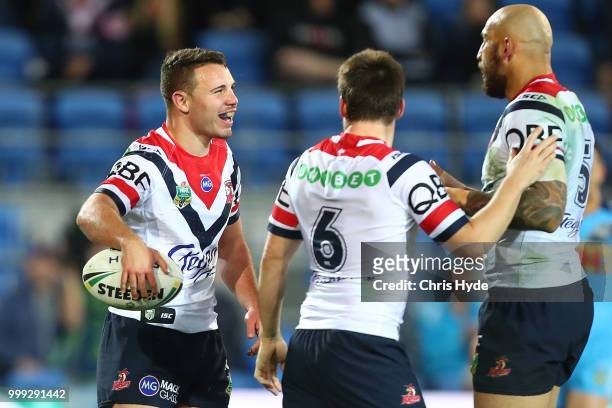 Sean O'Sullivan of the Roosters celebrates a try during the round 18 NRL match between the Gold Coast Titans and the Sydney Roosters at Cbus Super...
