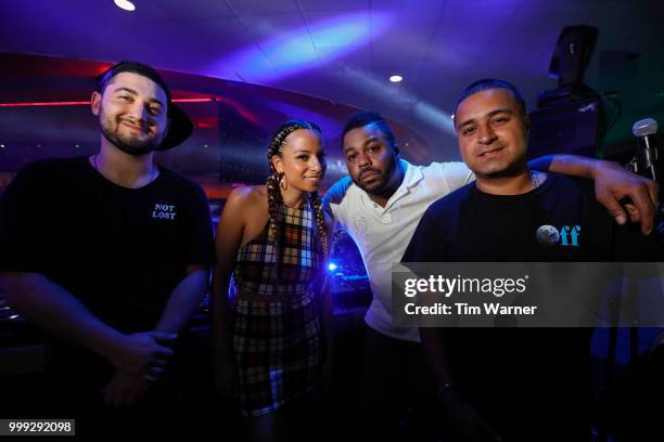 Jasmine Solano, Just Blaze, and DJ Camilo pose for a photograph during HBO's Mixtapes & Roller Skates at the Houston Funplex on July 14, 2018 in...