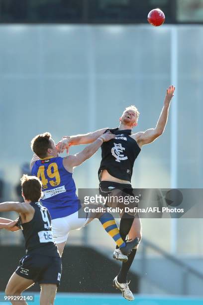 Matthew Lobbe of the Blues competes for the ball during the round 15 VFL match between the Northern Blues and Williamstown Seagulls at Ikon Park on...