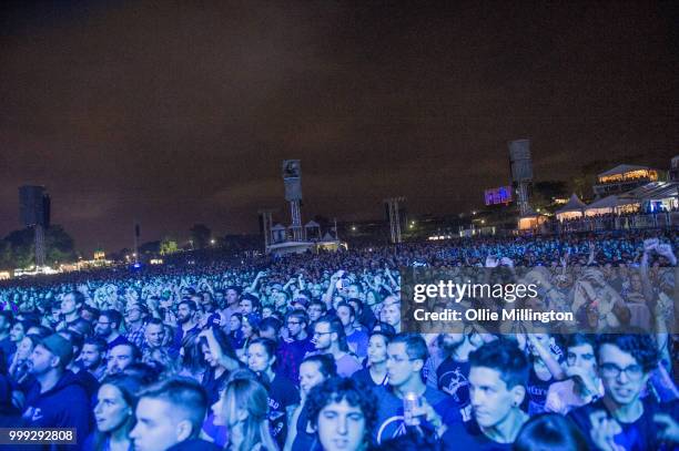 The crowd watch on as Alexisonfire perform onstage headlining the mainstage replacing Avenged Sevenfold who pulled out due to illness on day 8 of the...