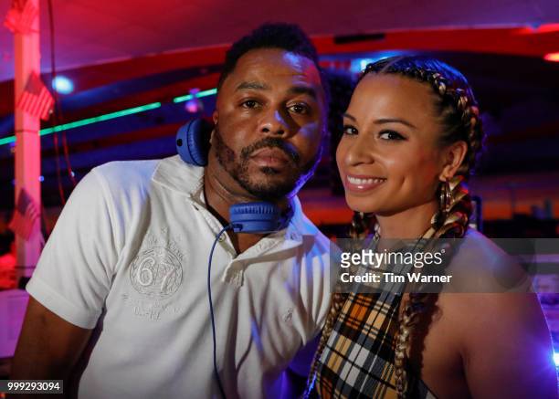 Just Blaze and Jasmine Solano pose for a photgraph during HBO's Mixtapes & Roller Skates at the Houston Funplex on July 14, 2018 in Houston, Texas.
