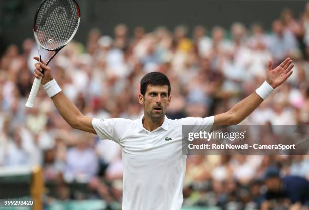 Novak Djokovic during his match against Rafael Nadal in their Men's Semi-Final match at All England Lawn Tennis and Croquet Club on July 14, 2018 in...