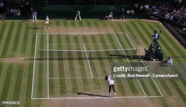 Serena Williams and Angelique Kerber in action during the 2018 Ladies' singles final at All England Lawn Tennis and Croquet Club on July 14, 2018 in...