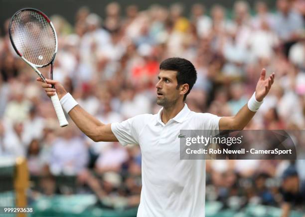 Novak Djokovic during his match against Rafael Nadal in their Men's Semi-Final match at All England Lawn Tennis and Croquet Club on July 14, 2018 in...