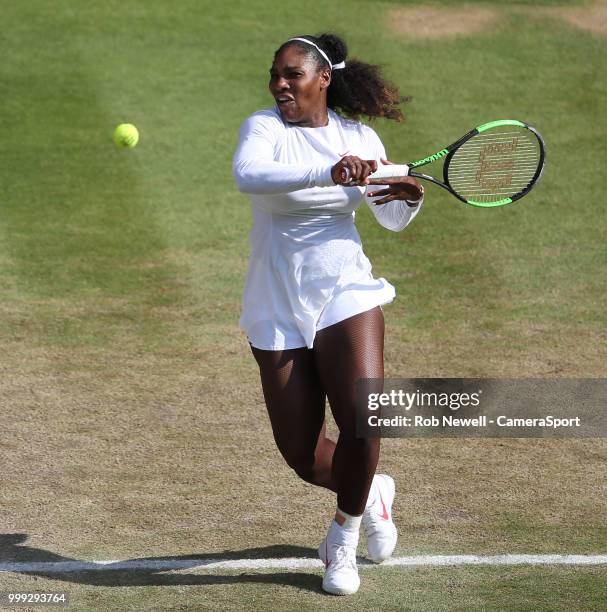 Serena Williams in action during her defeat in the Ladies' singles final against Angelique Kerber at All England Lawn Tennis and Croquet Club on July...