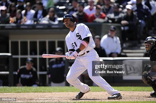 Alex Rios of the Chicago White Sox hits a double against the Toronto Blue Jays on May 9, 2010 at U.S. Cellular Field in Chicago, Illinois. The Blue...