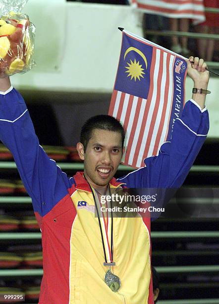 Roslin Hashim of Malaysia celebrates at the Podium after winning the Men's Singles Badminton Final held at the Malawati Stadium, Shah Alam, Selangor,...