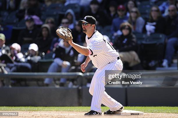 Paul Konerko of the Chicago White Sox fields against the Toronto Blue Jays on May 9, 2010 at U.S. Cellular Field in Chicago, Illinois. The Blue Jays...