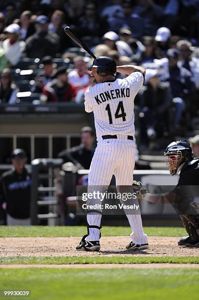 Paul Konerko of the Chicago White Sox bats against the Toronto Blue Jays on May 9, 2010 at U.S. Cellular Field in Chicago, Illinois. The Blue Jays...