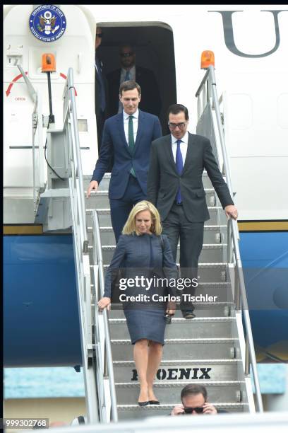 Homeland Security Secretary Kirstjen Nielsen, Treasury Secretary Steven Mnuchin and senior adviser to US President Jared Kushner arrives at Mexico's...