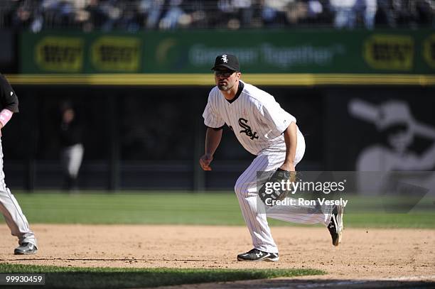 Paul Konerko of the Chicago White Sox fields against the Toronto Blue Jays on May 9, 2010 at U.S. Cellular Field in Chicago, Illinois. The Blue Jays...