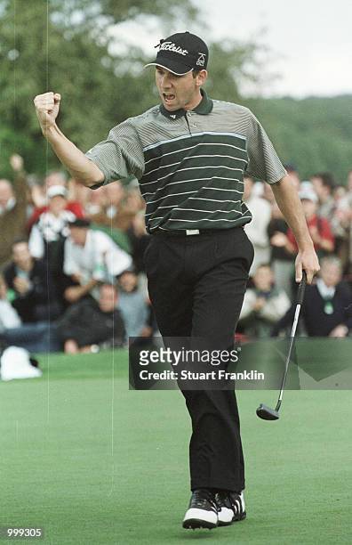Sergio Garcia of Spain Celebrates after sinking a two foot putt on the last hole to win at the Lancome Trophy at St-Nom-la-Breteche Golf Club, Paris,...