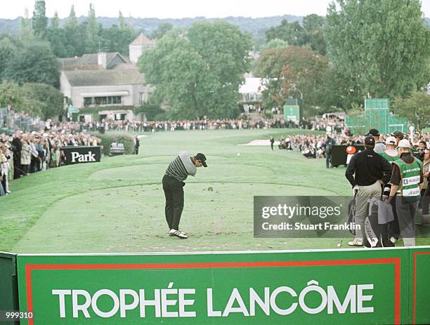 Sergio Garcia of Spain Tees off on the last hole during Lancome Trophy French Open held at St-Nom-la-Breteche Golf Club, Paris, France. Mandatory...