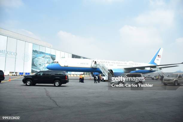 Government plane looks at Mexico's International Airport as part of an official visit at Mexico's International Airport on July 13, 2018 in Mexico...