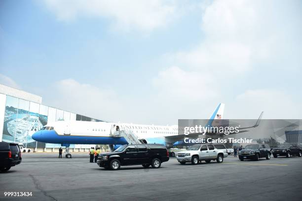 Government plane looks at Mexico's International Airport as part of an official visit at Mexico's International Airport on July 13, 2018 in Mexico...