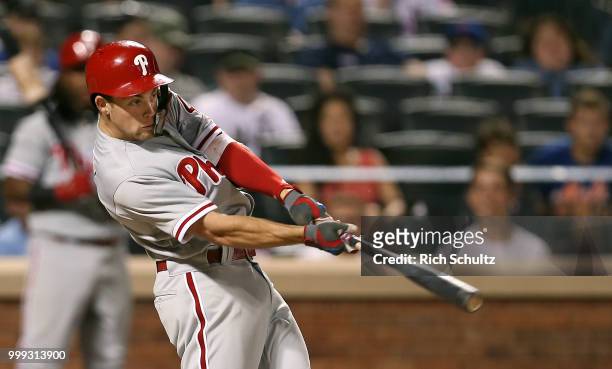 Scott Kingery of the Philadelphia Phillies in action against the New York Mets during a game at Citi Field on July 11, 2018 in the Flushing...