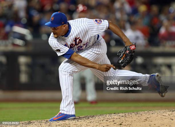 Jeurys Familia of the New York Mets in action against the Philadelphia Phillies during a game at Citi Field on July 11, 2018 in the Flushing...