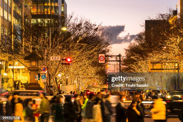 people walk and cars run on aoyama dori street, which street crosses the illuminated omotesando street at sunset at minamiaoyama, minato tokyo japan on december 05 2017. tree lined omotesando street is decorated and illuminated for winter holydays seasons - tree people stock-fotos und bilder